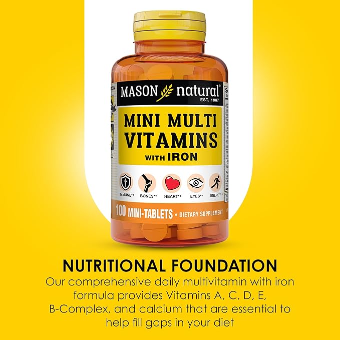 MASON NATURAL Daily Mini Multi Vitamins with Iron, Vitamins A, C, D, E, B1, B2, B3, B6, B12, Folate & Calcium, 100 Day Supply (1 Pack)