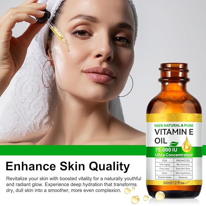 WHLH & WELL-BEING Pure Vitamin E Oil for Skin Face Hair Scars, Blend 75,000 IU, Moisturizing Dry Skin Winkles Hair and Scalp Pack of 1