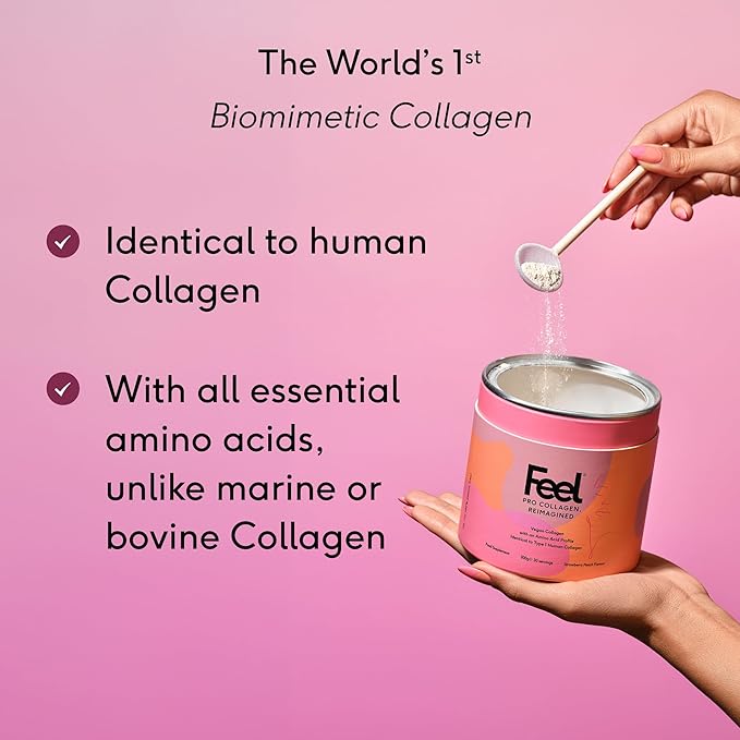 FEEL, Pro Collagen Strawberry Peach Flavor, Vegan Type I Collagen, Clinically Proven to Reduce Wrinkles by 22.4% in 28 Days