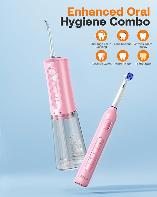 Bitvae Water Dental Flosser Teeth Picks, Cordless Water Flosser for Teeth, Braces, Dental Care and Rechargeable Rotary Electric Toothbrush Combo Set, 4 Tips, 4 Brush Heads, Waterproof, Pink, C5+R1
