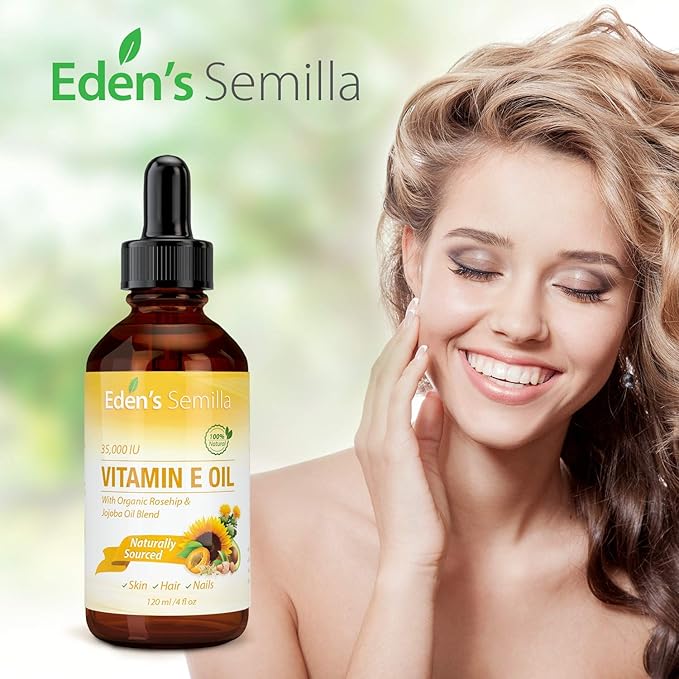 100% Plant Extract Vitamin E Oil 35,000 IU + Organic Rosehip & Jojoba Blend - Fast Absorbing Skin Protection for Face & Body. Pure Ingredients - Ideal for Sensitive Skin - Use Daily