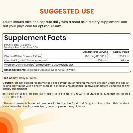 VEV Corefeel Vitamin D3 K2, 10,000 IU D3, 200mcg K2 (with MK7), Supports Bone and Teeth Health, Dual Nutrient Support for Daily Wellness, Easy to Swallow – 300 Capsules