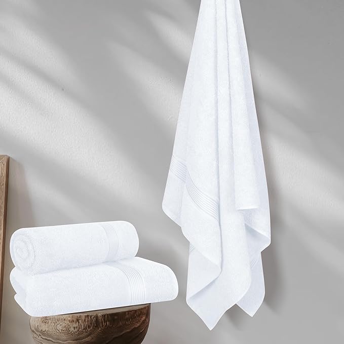 BELZZI Home Ultra Soft 4 Pack Oversized Bath Towel Set 27x54, Cotton Compact Bath Towels, Highly Absorbant Eco-Friendly Quickdry & Lightweight Towel, Ideal for Gym Travel Camp Pool - White