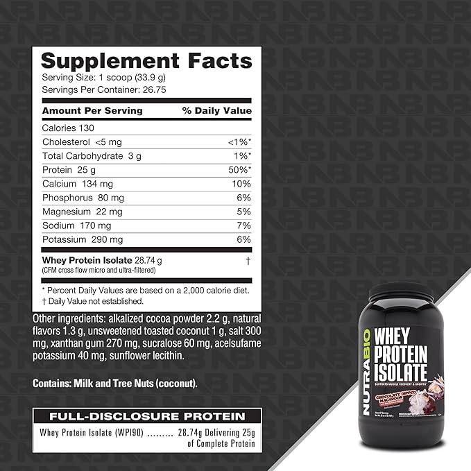 NutraBio 100% Whey Protein Isolate Protein Powder, 25g Protein with Complete Amino Acid Profile, Non-GMO, Soy & Gluten Free, Low Carb, Low Calorie Whey Protein Powder, Chocolate Dipped Macaroon, 2 Lbs