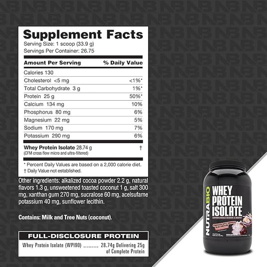 NutraBio 100% Whey Protein Isolate Protein Powder, 25g Protein with Complete Amino Acid Profile, Non-GMO, Soy & Gluten Free, Low Carb, Low Calorie Whey Protein Powder, Chocolate Dipped Macaroon, 2 Lbs