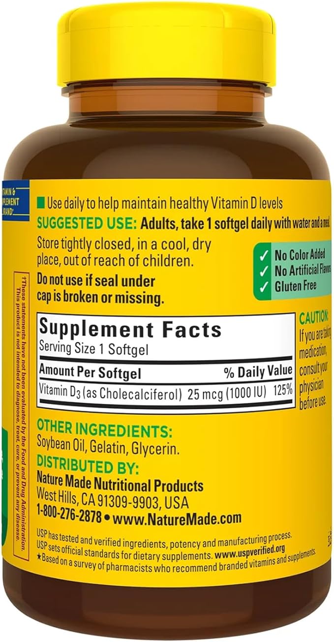 Vitamin D3 25mcg (1000 IU) | 650 Softgels – 22 Month Supply | Supports Bone, Teeth, Muscle & Immune System | Gluten Free | Easy to Swallow Supplement | Made for a Healthy Connection with Nature
