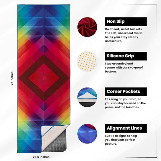 Yoga Grip Yoga Towel - Non Slip Hot Yoga Mat Towel With Corner Pockets, No-Skid Grip, and Built-in Alignment Lines | Soft, Moisture Wicking, and Sweat Absorbent | No Bunching, Stays in Place 72" x 25"