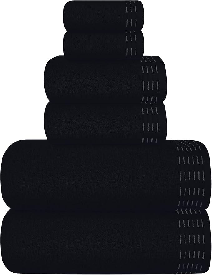 Ultra Soft 6 Pack Cotton Towel Set, Contains 2 Bath Towels 28x55 inch, 2 Hand Towels 16x24 inch & 2 Wash Coths 12x12 inch, Ideal Everyday use, Compact & Lightweight - Black