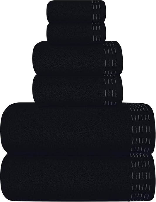 Ultra Soft 6 Pack Cotton Towel Set, Contains 2 Bath Towels 28x55 inch, 2 Hand Towels 16x24 inch & 2 Wash Coths 12x12 inch, Ideal Everyday use, Compact & Lightweight - Black