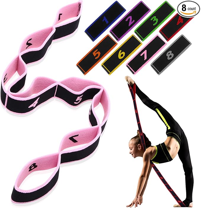 Lenwen 8 Pcs Elastic Yoga Stretching Strap 39.37 Inch Adjustable Multi Loop Stretch Strap Training Dance Stretch Band for Leg Pilates Gymnastics Home Exercise Workout Equipment Adult Children, 8 Color