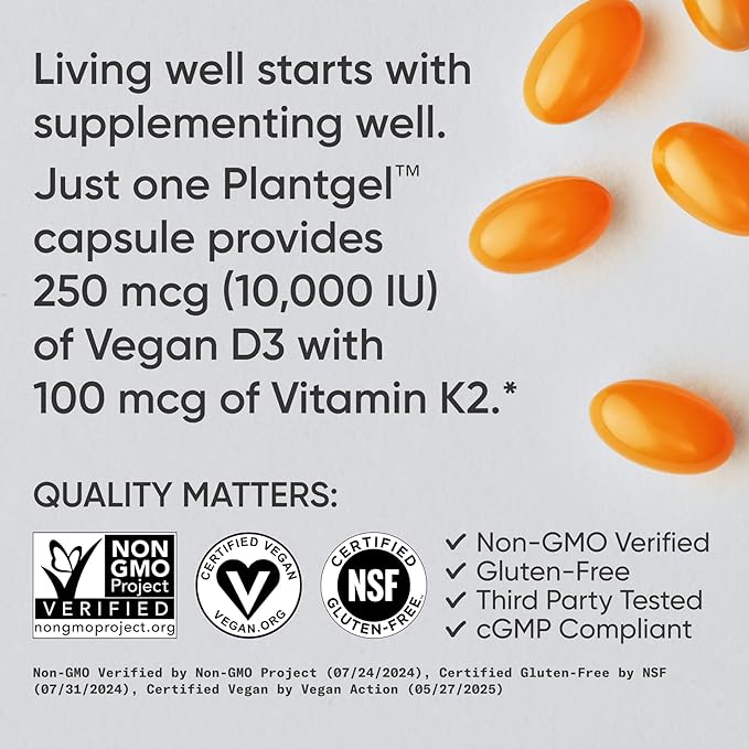 Sports Research® Vitamin D3 + K2 with 10,000iu of Plant-Based D3 & 100mcg of Vitamin K2 as MK-7 | Non-GMO Verified & Vegan Certified 60ct