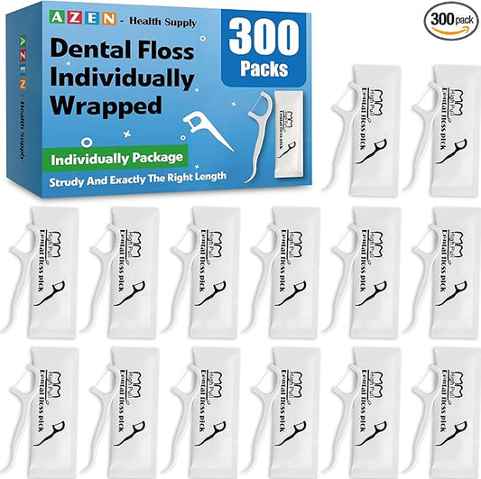 AZEN 300 Count Dental Floss Bulk, Individually Wrapped Floss Picks, Toothpicks Flossers for Adults, Ideal Travel Flossers for Deep Cleaning