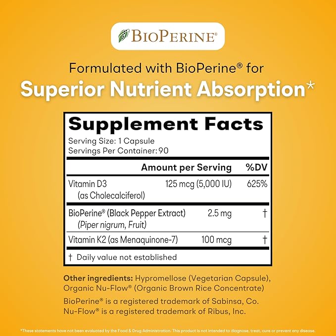 Vitamin D3 + K2 - Max Absorption, 5000 IU D3 & 100 mcg K2 MK-7 (Menaquinone-7) with BioPerine - Bone, Heart & Immune Support - Non-GMO, Gluten Free, Soy Free - 90 Capsules - Daily Supplement