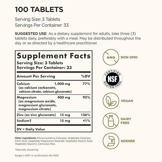 Solgar Calcium Magnesium Plus Zinc, 100 Tablets - Promotes Healthy Bones and Teeth - Supports Nerve & Muscle Function - Non-GMO, Vegan, Gluten Free, Dairy Free, Kosher - 33 Servings