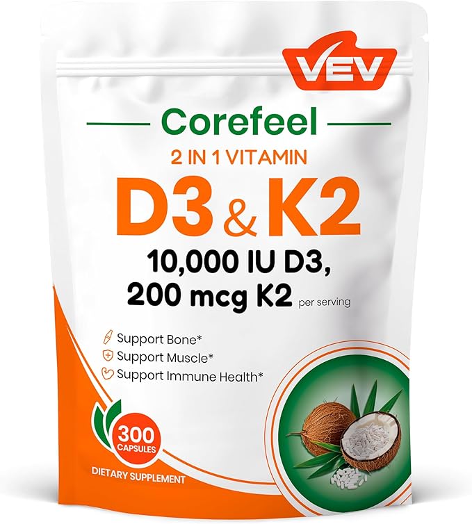 VEV Corefeel Vitamin D3 K2, 10,000 IU D3, 200mcg K2 (with MK7), Supports Bone and Teeth Health, Dual Nutrient Support for Daily Wellness, Easy to Swallow – 300 Capsules