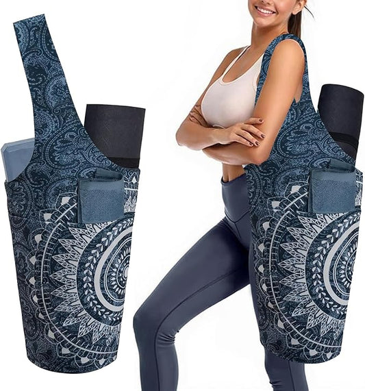 Yoga Mat Bag Carrier for Women with Side Large Pocket Durable Linen Workout Gym Travel Storage Pilates Mats