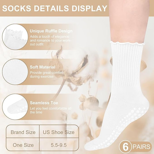 Justay 6 Pairs Womens Pilates Socks with Grips Crew Non Slip Ruffle Cotton for Athletic Workout Barre Hospital Yoga Socks