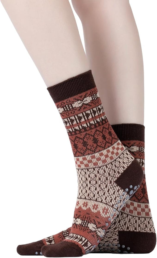 Yoga Pilates Socks with Grips for Women Knit Patterned Non Slip Cushioned Crew Socks for Barre Ballet Dance
