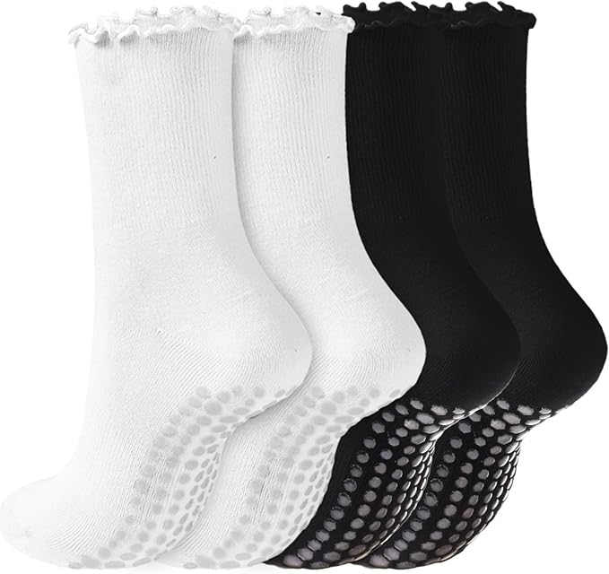 REACH STAR 4 Pairs Pilates Socks with Grips Non Slip Ruffle Yoga Grip Socks for Women