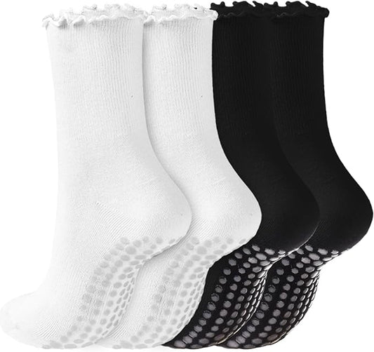 REACH STAR 4 Pairs Pilates Socks with Grips Non Slip Ruffle Yoga Grip Socks for Women