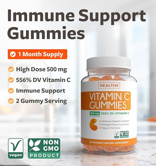 Vegan Vitamin C Gummies for Adults - Immune Support Gummies with Chewable Vitamin C 500mg per Serving for Daily and Seasonal Wellness - High Potency Non-GMO Formula - Orange Flavor (1 Month Supply)