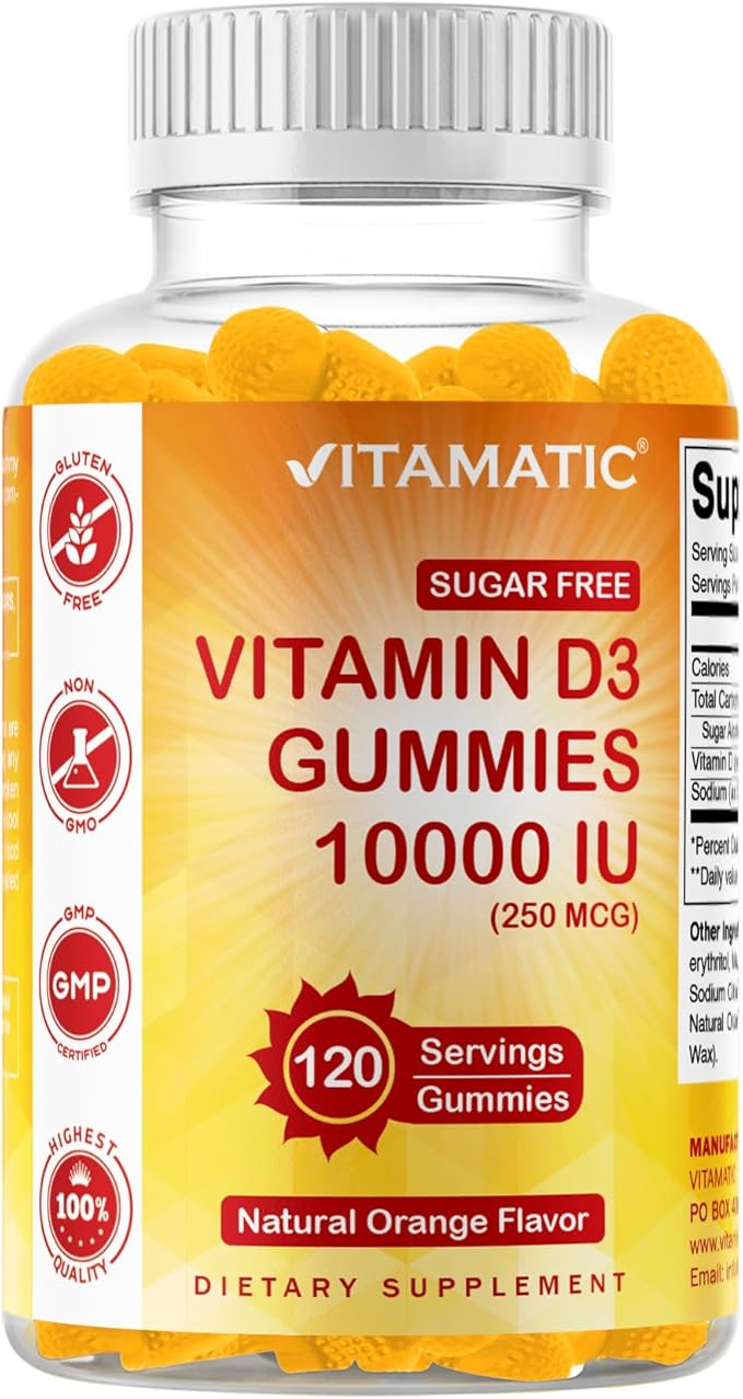 Vitamatic Sugar Free Vitamin D3 10000 IU - 120 Pectin Based Gummies - Great Taste - Healthy Bones, Mood & Immune System Function - Non-GMO - 120 Servings