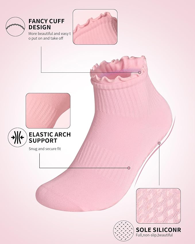 Non Slip Grip Yoga Socks for Women Breathable Cute Ruffle Ankle Socks for Yoga, Pilates, Barre Workouts