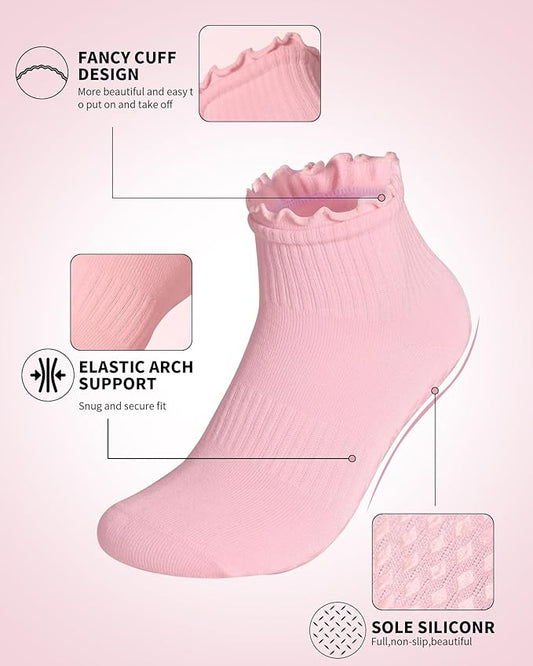 Non Slip Grip Yoga Socks for Women Breathable Cute Ruffle Ankle Socks for Yoga, Pilates, Barre Workouts