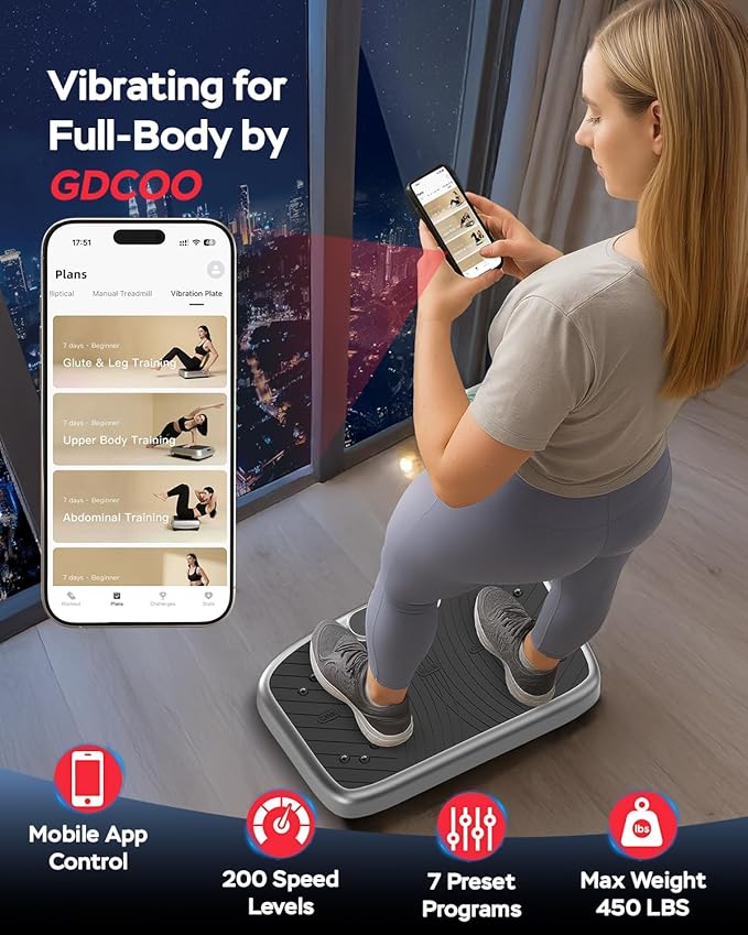Vibration Plate Exercise Machine, Vibrating Plate Platform for Lymphatic Drainage with 200 Adjustable Speeds, Power Vibration Plate for Weight Loss & Fitness, Supports Max Weight 450 Lbs