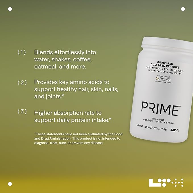 LTH Prime Collagen Peptides - Trusted by Life Time Members - Collagen Powder for Digestive Health - Supports Healthy Joints, Hair & Skin - from Grass-Fed Cows - Vanilla - 30 Servings
