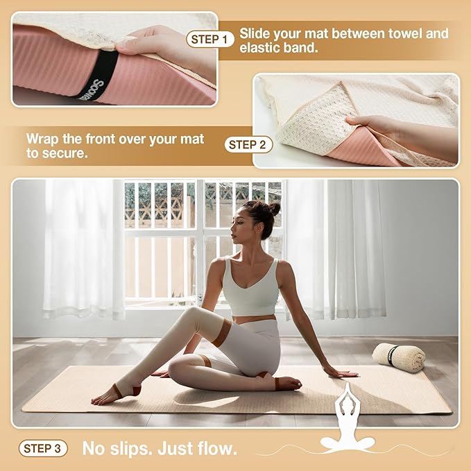 2 Pack Hot Yoga Towel, Yoga Mat Towels Non Slip for Hot Yoga with Strap, Microfiber Yoga Accessories, Soft Absorbent Quick Dry, Pilates Exercise Fitness 28" X 72" Beige
