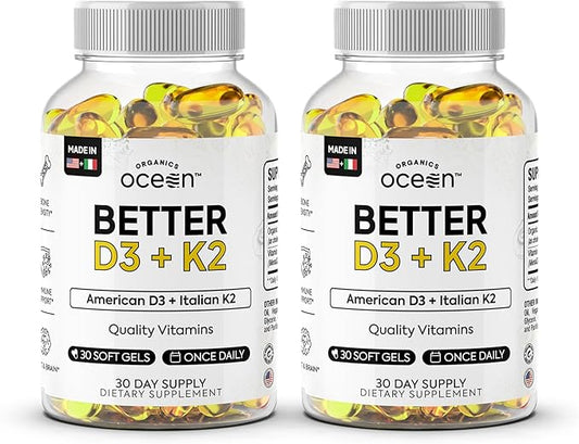 Better D3 + K2-100% Organic VIT D3 and K2 Supplements with Maximum Bioavailability - Supports Bone Density, Calcium Balance, Immunity & Mood - 2-Pack, 60-Day Supply