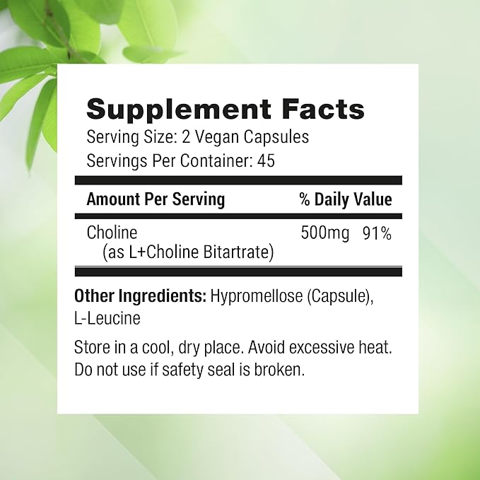 Nested Naturals Choline Bitartrate 500mg - High Potency Choline Supplements - Supports Maternal & Fetal Health During Pregnancy* - 100% Vegan & Non-GMO - 2-Pack (180 Vegan Capsules)