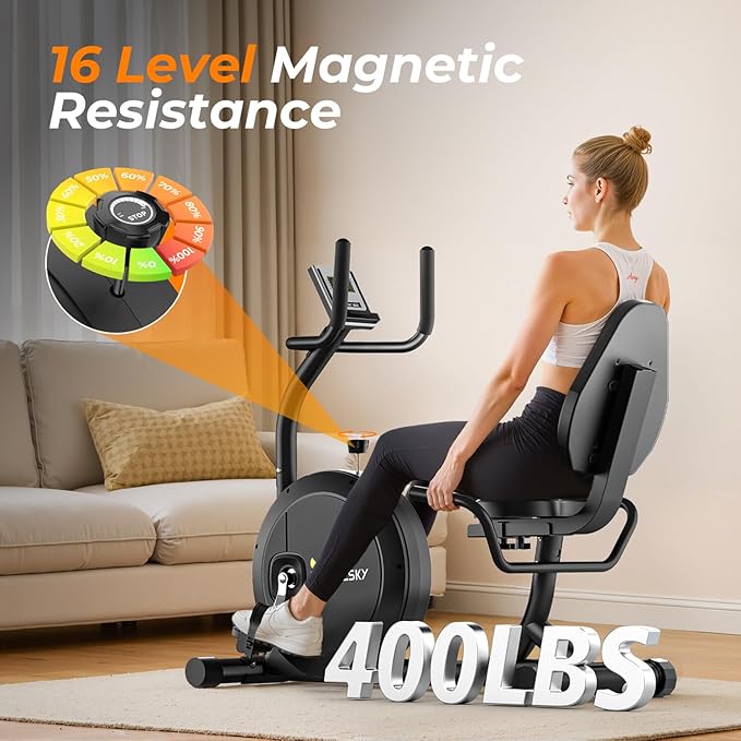 OWLSKY Recumbent Exercise Bike for Home Gym, Magnetic Stationary Bike with 16-Level Resistance, Quiet 15LBS Flywheel, 400LBS Capacity, Low-Impact Cardio & Physical Therapy