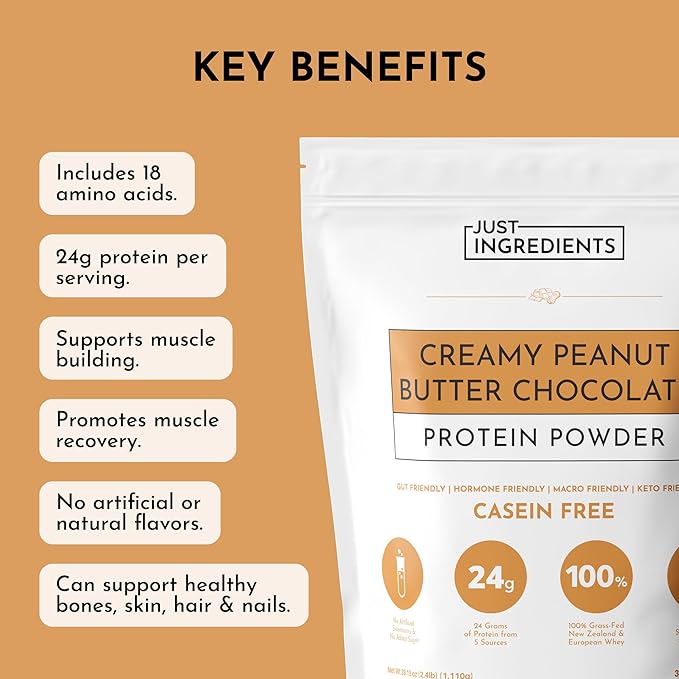 JUST INGREDIENTS Creamy Peanut Butter Chocolate Protein Powder – 30-ServingBlend with Grass-Fed Whey, Pea, Pumpkin Seed, Chia & Collagen – No Sugar Added – No Gums 24g Protein