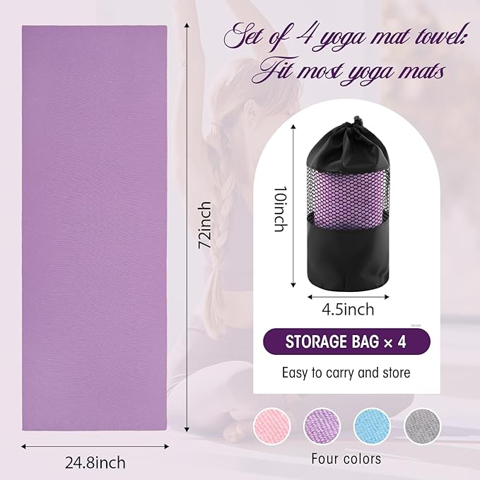 Breling 4 Set 72" x 24" Yoga Mat Towel with Grip Dot Microfiber Non Slip Hot Yoga Towel Absorbent Microfiber Sweat Anti-Slip Cover for Bikram, Pilates, Exercise and Fitness(Colorful)