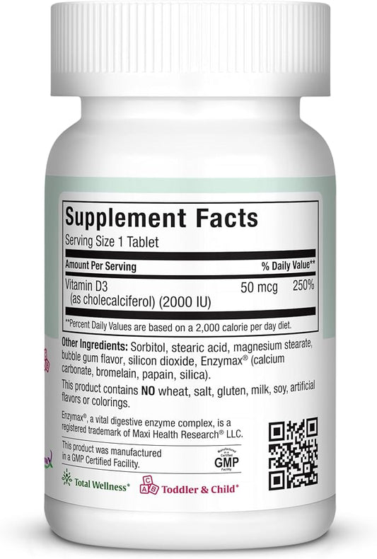 Maxi Health Chewable Vitamin D3 2000 IU Supplement - Delicious Natural Bubble Gum Flavor - Supports Calcium Absorption, Immune and Bone Health in Adult Women, Men, Children & Toddlers - 200 Chews