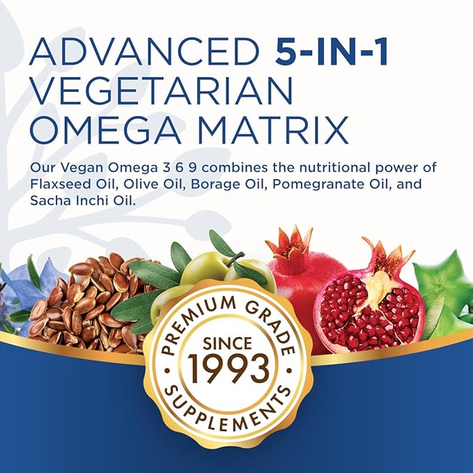 Purity Products Vegan Omega 3-6-9 Formula - “5 in 1” Essential Fatty Acid Complex - Scientifically Formulated Plant-Based Omega 3 6 9 Essential Fatty Acids (EFA) - 3 Month Supply - 180 Softgels