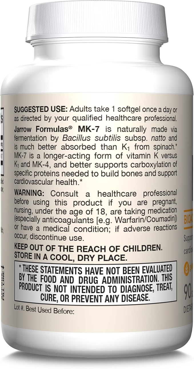 Jarrow Formulas MK-7 90 mcg - Bioactive Form of Vitamin K2-90 Servings (Softgels) - for Bone & Cardiovascular Health - Vitamin K2 MK-7 Dietary Supplement - K2 Vitamin Supplement MK-7 - Gluten Free