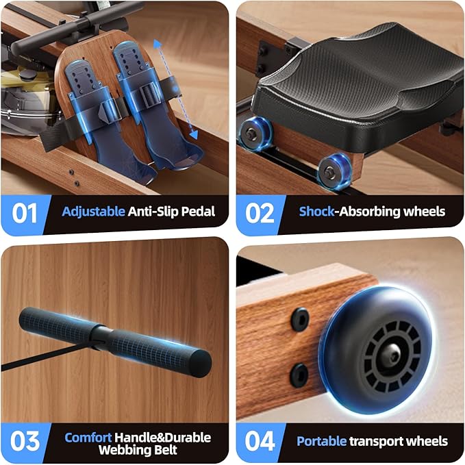 Water Rowing Machine for Home, Foldable Rower Machines with Comfortable Seat and Quick-Folding Design, Wooden Water Rowering with 350LBS Weight Capacity