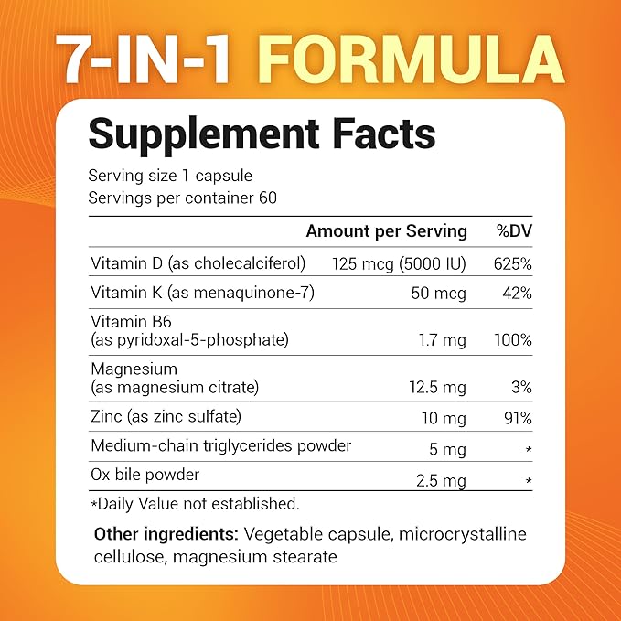Dr. Berg Maximum Strength 7-in-1 Vitamin D3 K2 5000 IU | Naturally Derived D3 | 4X Lab-Tested & Verified | High Absorption Formula | K2 D3 Vitamin Supplement - 60 Capsules