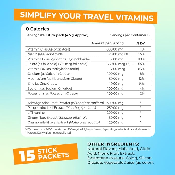 Travel Vitamin Tonic for Flight, Jet Lag, Hydration, Circulation, Digestion & Immune Support, Promotes Calmness, Electrolyte Powder, Travel Essentials, Passion Fruit Tangerine, 15 Sticks