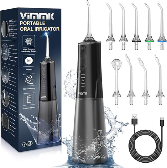 Water Flosser, Cordless Water Dental Flosser, 9 Jet Tips 5 Modes 300ML IPX7 Waterproof, Portable Rechargeable Oral Irrigator for Home Travel - Gums, Orthodontic, Braces Care - Black