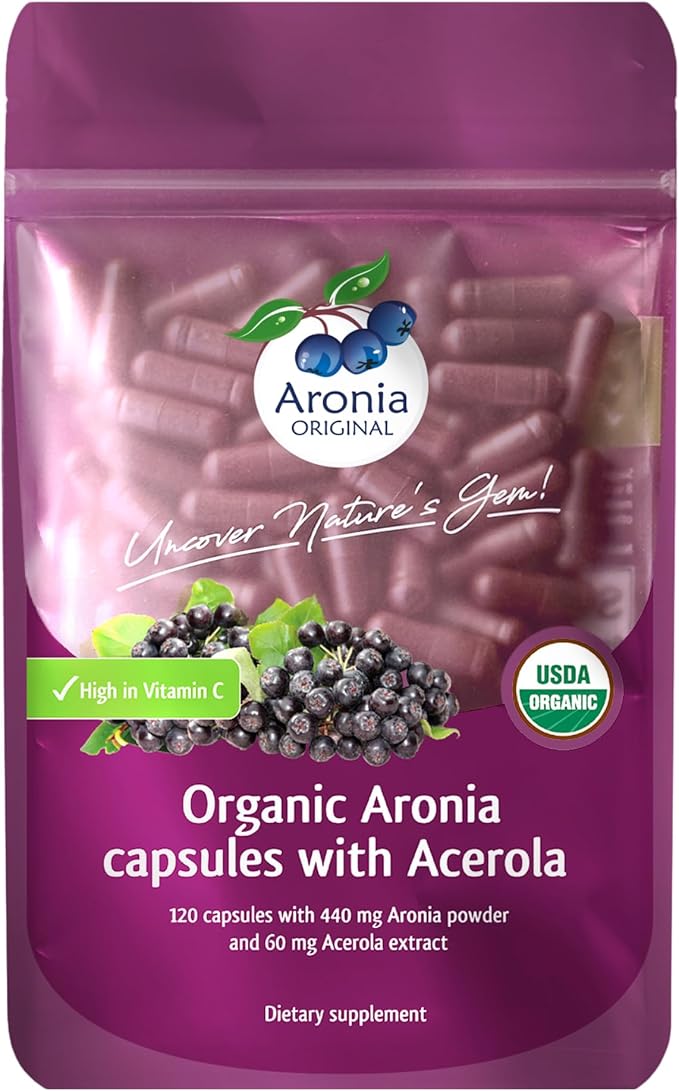 Aronia Berry Capsules Organic (60 Servings) | 17,600 mg Fresh Aronia Berries Equivalent & 120 mg Acerola Cherry Extract per Serving | High in Vitamin C & Antioxidants | Black Chokeberry Supplement