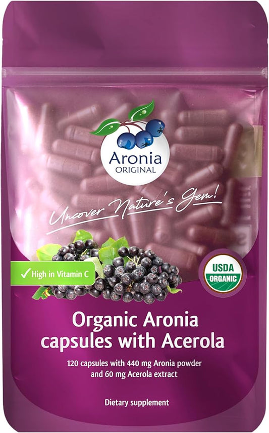 Aronia Berry Capsules Organic (60 Servings) | 17,600 mg Fresh Aronia Berries Equivalent & 120 mg Acerola Cherry Extract per Serving | High in Vitamin C & Antioxidants | Black Chokeberry Supplement