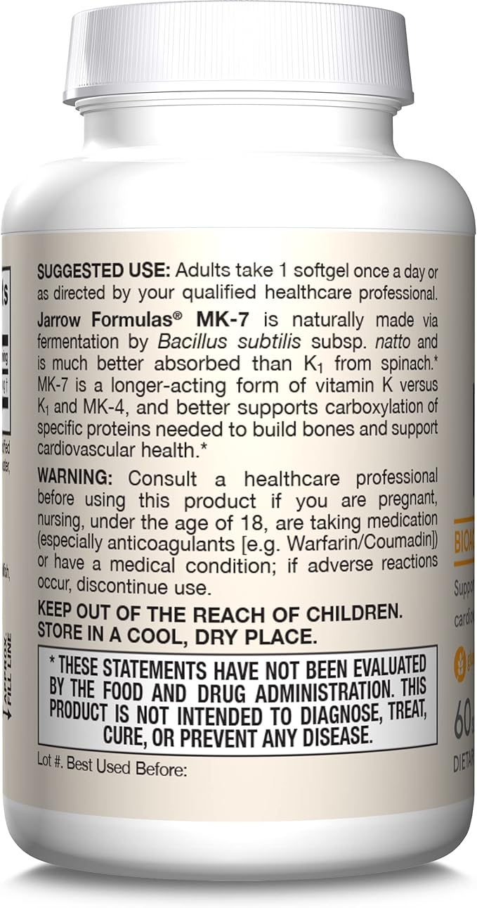 Jarrow Formulas MK-7 90 mcg - Bioactive Form of Vitamin K2-60 Servings (Softgels) - for Bone & Cardiovascular Health - Vitamin K2 MK-7 Dietary Supplement - K2 Vitamin Supplement MK-7 - Gluten Free