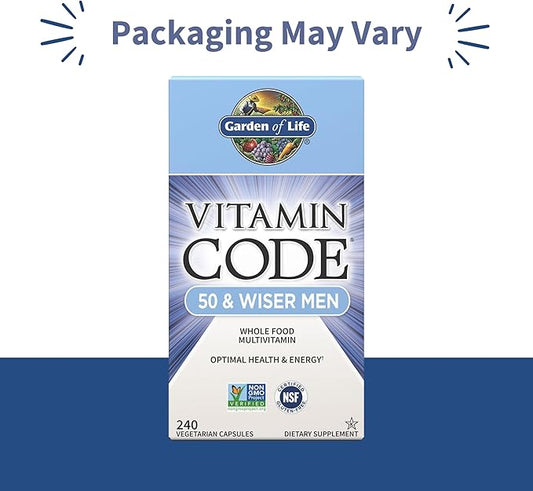 Garden of Life Multivitamin for Men - Vitamin Code 50 & Wiser Men's Raw Whole Food Vitamin Supplement with Probiotics, Vegetarian, 240 Capsules