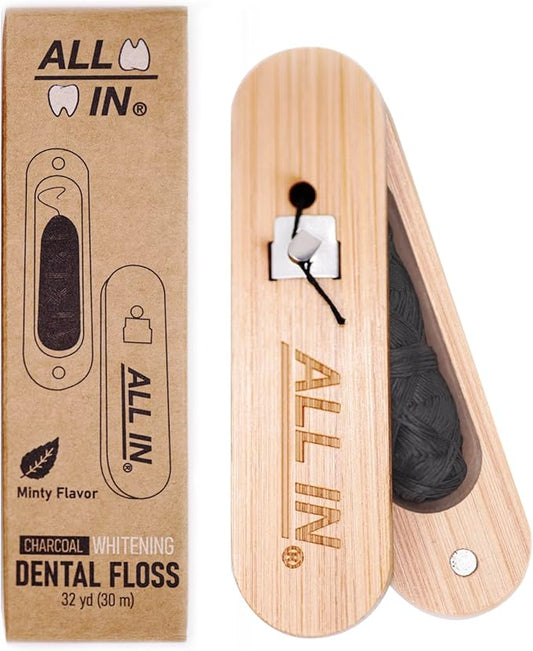 ALL IN Charcoal Floss Refills 6 x 32 Yds Each - Activated Charcoal Dental Floss Refills Only – BPA Free, Plant Based No PFAS Mint Floss for Plaque Removal, Fresh Breath (6)