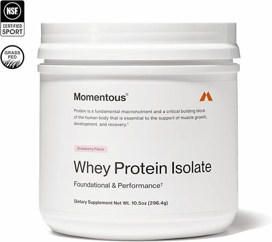 Momentous Essential Grass-Fed Whey Protein Powder - 20 g Whey Isolate Protein - NSF Certified for Sport - Gluten-Free - 12 Servings for Essential Everyday Use - Strawberry - Package May Vary