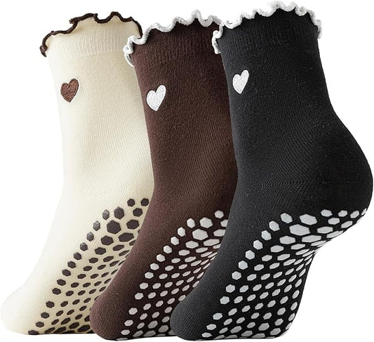 3 Pairs Pilates Socks with Grips Non-slip Ruffle Cute Heart Yoga Grip Sock for Women